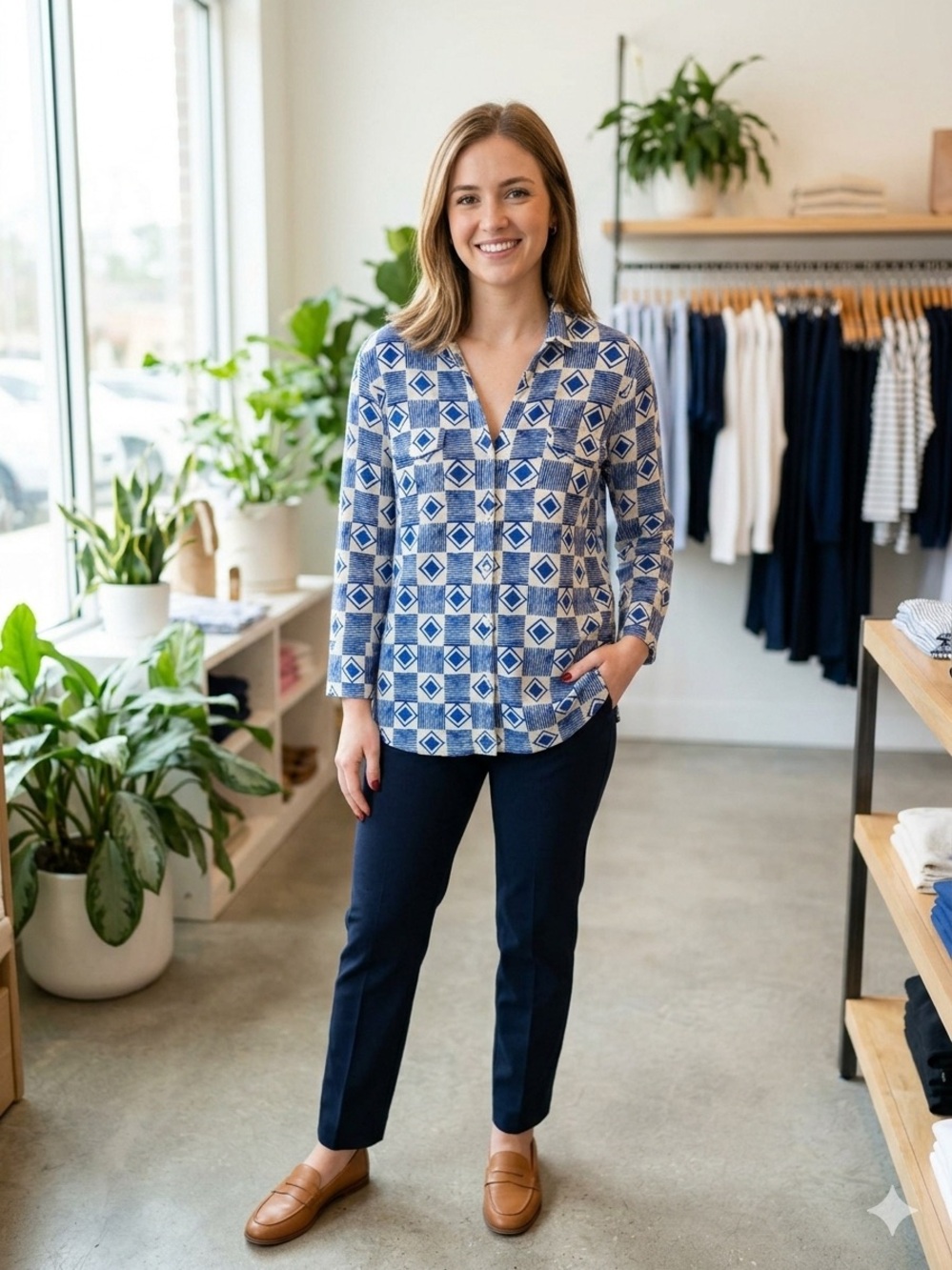 J. McLaughlin Blue Geometric Button-Down Shirt, Linen Blend. Size Medium